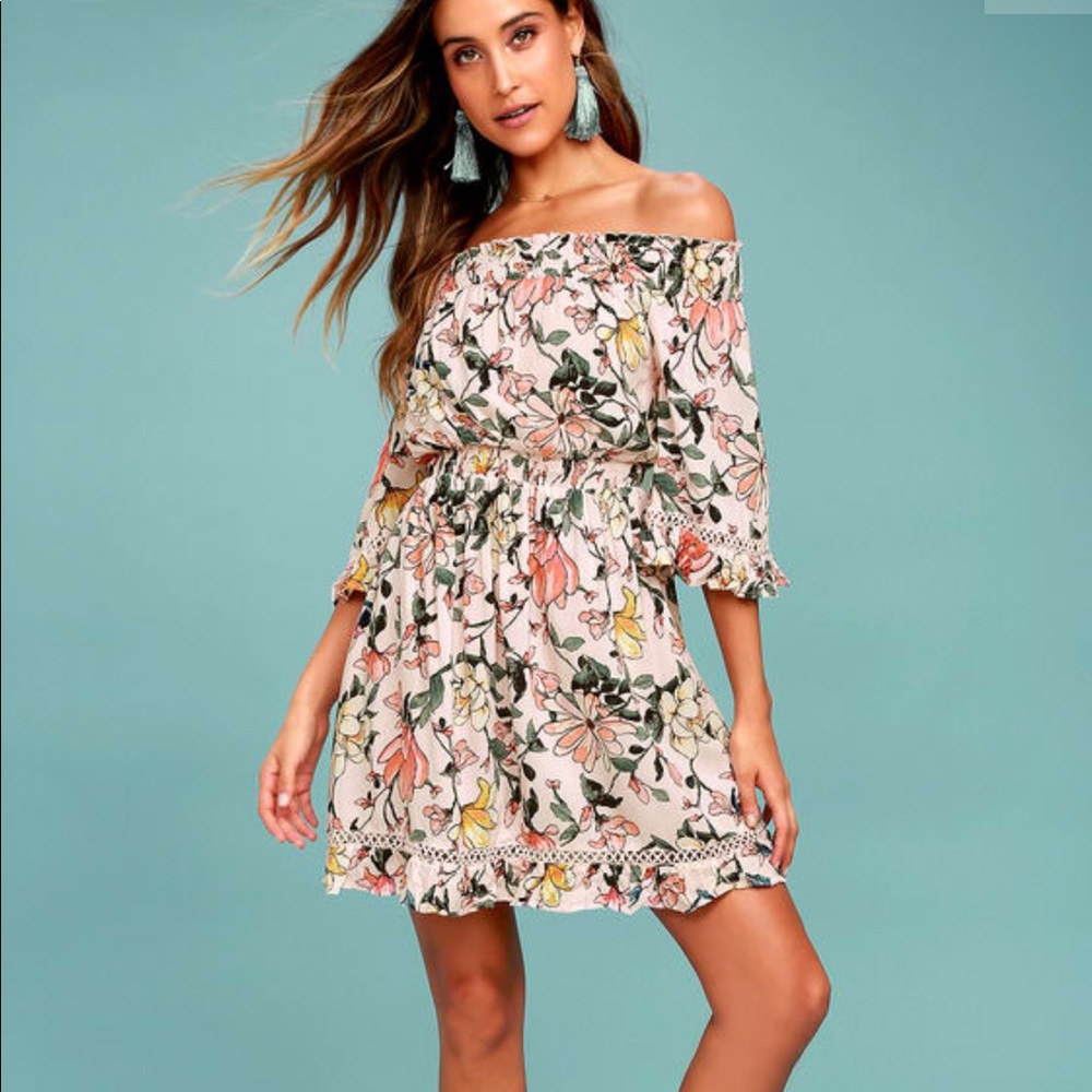 Blush pink floral off the shoulder dress